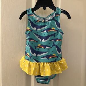 Frugi Rainbow Whales Little Coral Swimsuit One Piece UPF 50+ Girls 6-12 Mos NWT